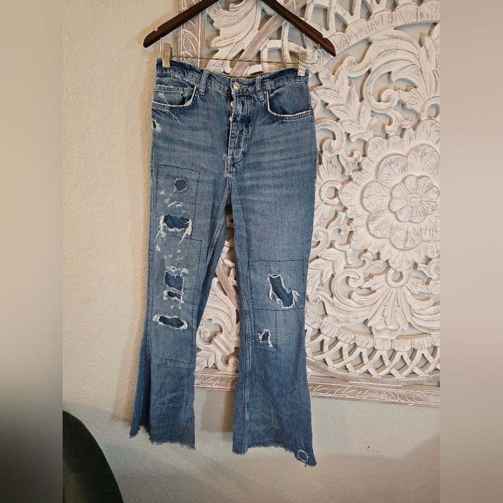 Free People We The Free Women's Distressed Denim Fly Flare Patched Jeans 26